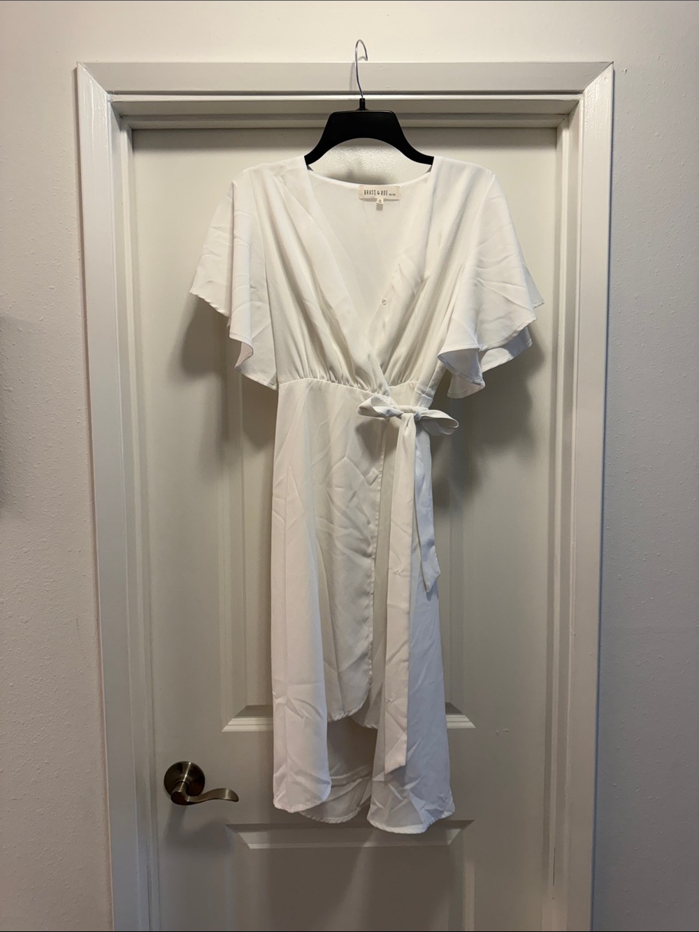 White Wrap Midi Dress with Flutter Sleeves and Tie Waist